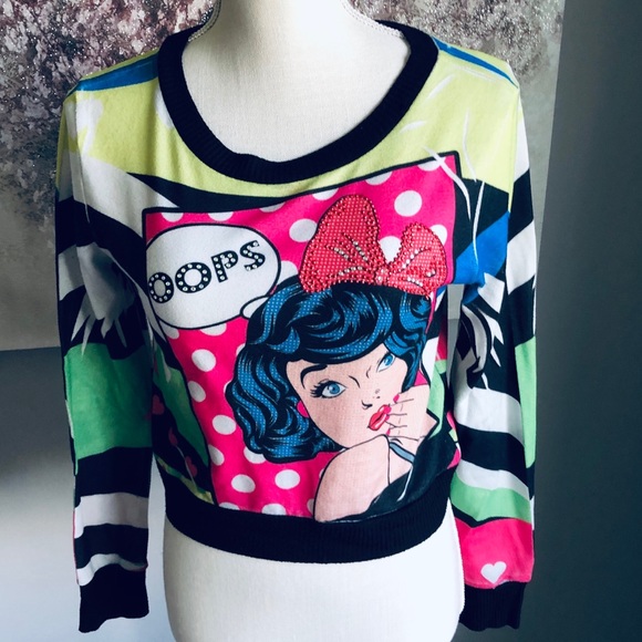 Blush crop top pop art long sleeve crystals